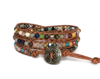Multi Gemstone Leather Wrap Bracelet: Boho Chic Women's Jewelry