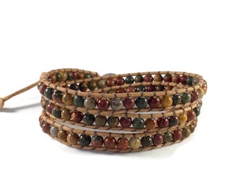 Jasper Beaded Wrap Bracelet: Boho Leather Bracelet