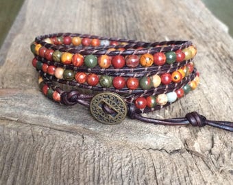 Picasso Jasper Wrap Bracelet: Earth Tone Beaded Leather Bracelet