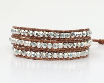 Boho Beaded Silver Wrap Bracelet for Women