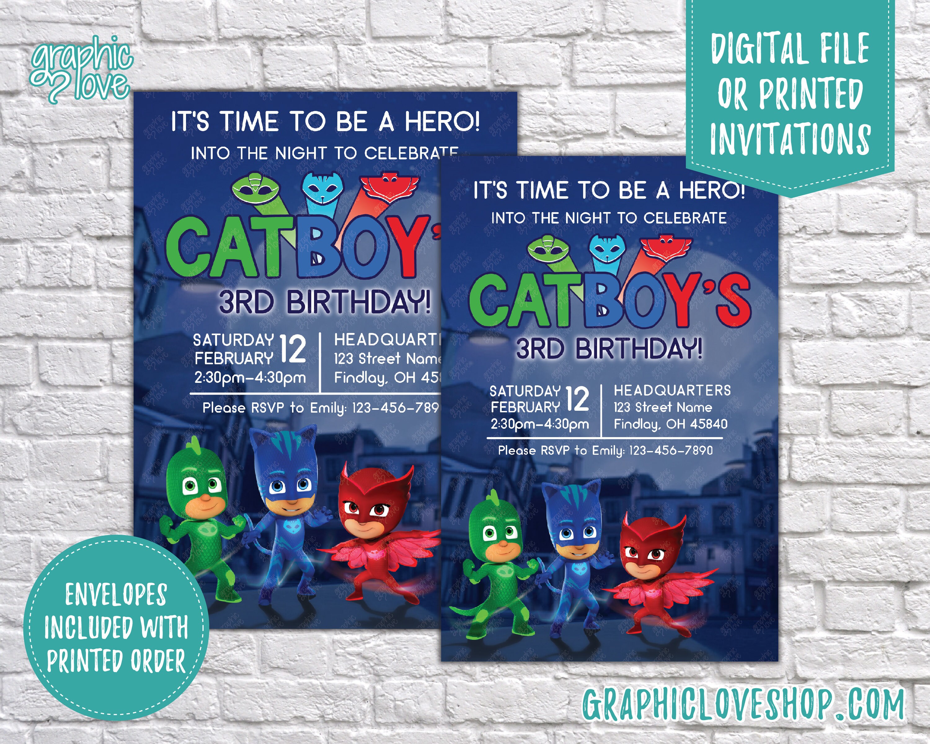 Personalized Pj Masks Catboy Gekko Owlette Birthday Invitations