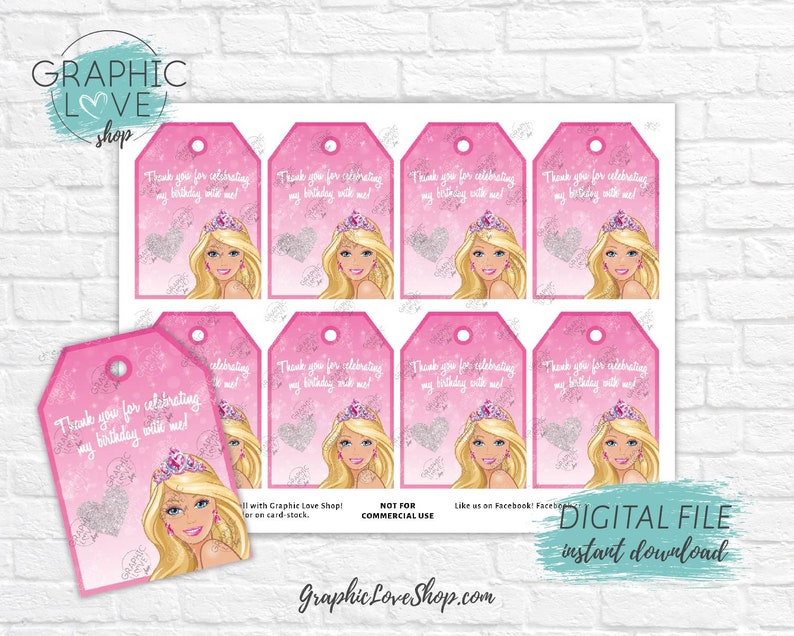 Digital Barbie Pink Princess Printable Birthday Thank You Tags Etsy