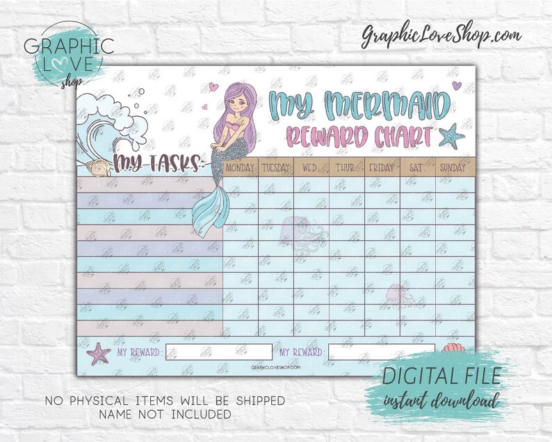 digital cute mermaid girls printable reward chart with