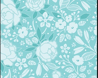 Frolic Fabric Aqua Silhouette Floral quilt cotton sewing material, Listed By the Yard and Half Yard continuous cut, Amanda Murphy Benartex