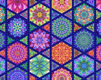 Matériel de couture en coton pour courtepointe Royal Hexi Medallions en tissu pour caravane, par mètre et demi-mètre, coupe continue