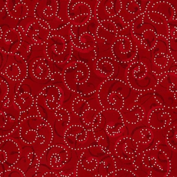 Holiday Wishes Fabric Crimson Dotty Scroll Silver quilt cotton sewing material, Listed by the Yard and Half Yard continuous cut, Hoffman