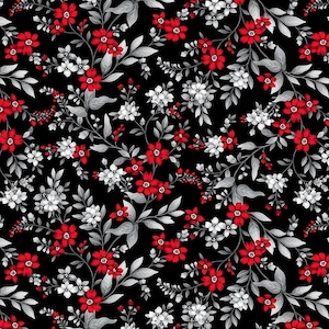 May include: A seamless floral pattern featuring red and white flowers with gray leaves on a black background. The design is dense with a repeating pattern of blossoms and foliage, creating a classic and elegant aesthetic.