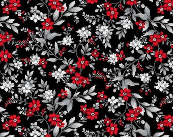 Floral Fabrics, Scarlets Treasure Black Red Vine quilt cotton fabric by the yard and half-yard