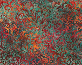 Tela de algodón para patchwork con estampado batik Twirl & Swirl, cortada a medida, Sassy Sewing Material, Riley Blake Designs Bluegrass Elementals Batiks, color verde azulado y dorado.