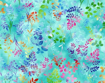 Butterfly Bliss Fabric Aqua Wildflower quilt cotton sewing material, Listed by the Yard & Half Yard continuous cut, Elizabeth Isles Studio E