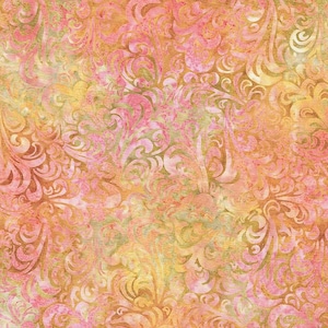 May include: A fabric featuring a repeating damask pattern in shades of soft pink, warm orange, and muted gold. The design consists of swirling, organic scrollwork motifs layered over a textured, mottled background with a subtle watercolor effect.