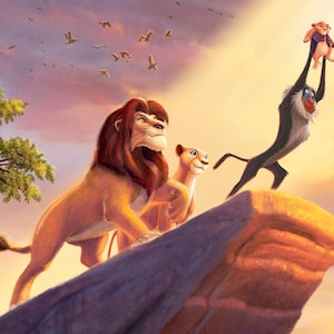 May include: A cartoon illustration of a lion family, including a lion, lioness, and a cub, standing on a rocky cliff overlooking a sunset. The lion family is looking towards the horizon, and the cub is being held by a baboon.