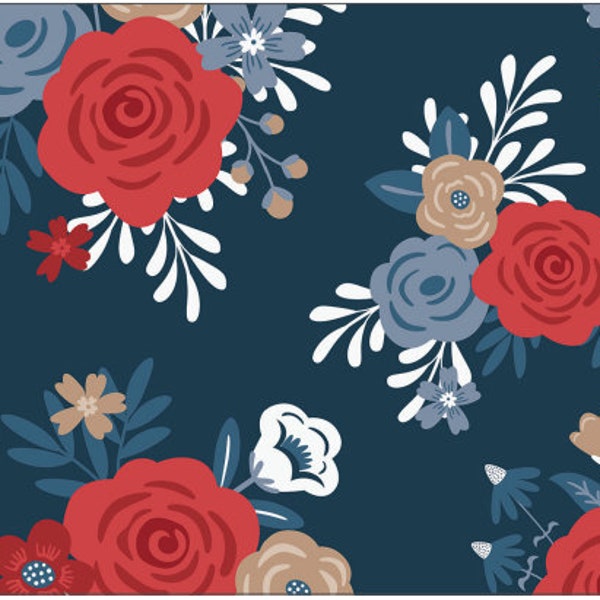 Red White and True Fabric Navy Bouquet quilt cotton sewing material, Listed by the Yard & Half Yard continuous cut, Dani Mogstad Riley Blake