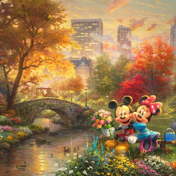 Disney Dreams Fabric Panel Mickey and Minnie Mouse in Central Park New York City by Thomas Kinkade for Four Seasons, 36 by 44 inches