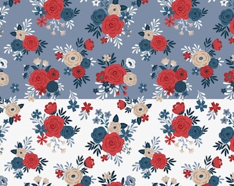 Floral Fabric, Red White and True Bouquet quilting cotton sewing material by yard/half-yard