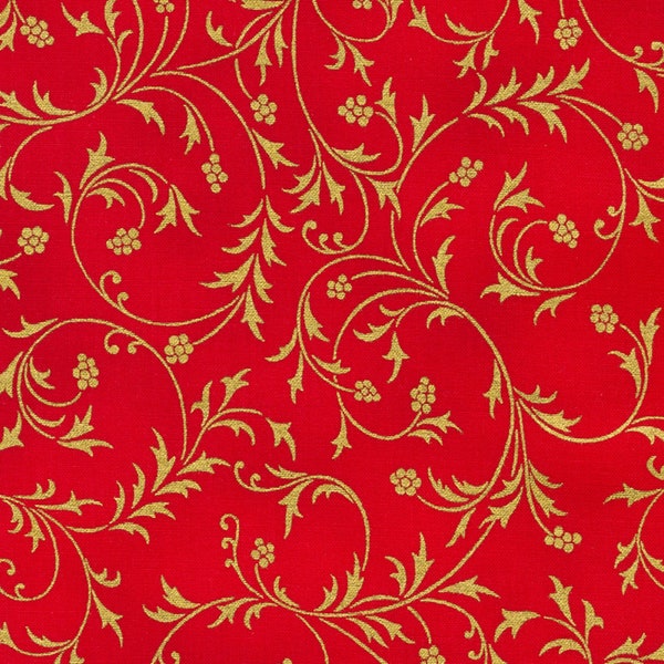 Holiday Flourish Fabric Snow Flower Crimson Swirls Gold Metallic, Listed by Yard & Half Yard, quilt cotton sewing material, Robert Kaufman