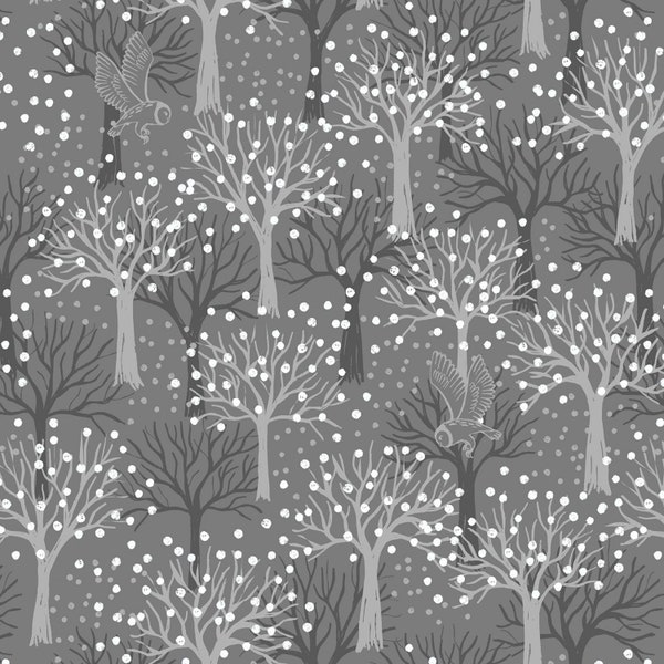 Secret Winter Garden Fabric Dark Grey Owl Orchard Pearlescent cotton sewing material, Listed by the Half Yard continuous cut, Lewis & Irene