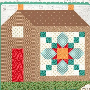 May include: A fabric quilt block featuring a house design with a brown roof, brown walls, a red door, and a white window. The house includes a large square star pattern in teal, red, and orange floral prints on a cream background with green trim.