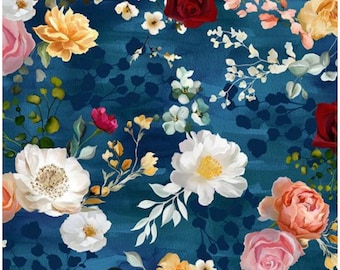 Pins and Needles Fabric Navy Floral quilt cotton sewing material, Listed By the Yard and Half Yard continuous cut, Hoffman Fabrics