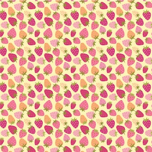 May include: A seamless pattern featuring pink, orange, and green strawberries on a light yellow background.
