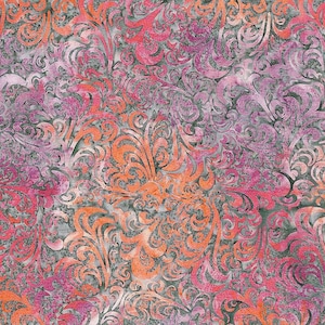 May include: A fabric featuring a dense, repeating pattern of swirling, ornate flourishes in shades of vibrant orange, magenta, and soft pink. The intricate, curved designs are layered over a textured, dark charcoal gray background with a mottled effect.