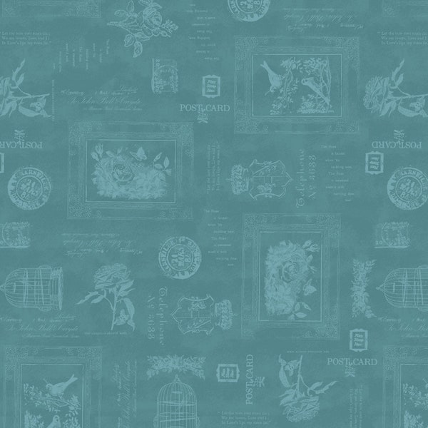 Wish You Were Here Fabric Teal Secret Message quilt cotton sewing material, Listed by the Yard & Half Yard continuous cut, Whistler Windham