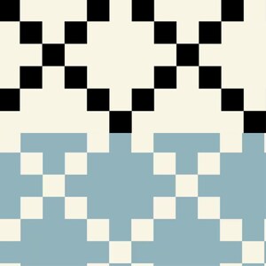 May include: Geometric pattern featuring black squares on a cream background, transitioning to a light blue section with white squares. The design is a repeating motif, creating a visually interesting texture.