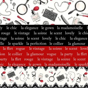 May include: A black, white, and red patterned fabric featuring illustrations of perfume bottles, jewelry, and makeup. The fabric also includes French text such as "la soiree" and "le chic".