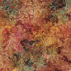 May include: A fabric featuring a dense, swirling paisley-inspired pattern in shades of burnt orange, deep red, magenta, and teal. The design has a mottled, textured appearance with overlapping colors and intricate, flowing organic shapes throughout.