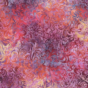 May include: A fabric featuring a repeating damask-style pattern in shades of deep magenta, purple, and orange. The design displays swirling, organic shapes layered over a mottled, watercolor-like background with blended hues of yellow and blue.