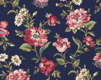 Midnight Meadow Fabric Navy Bold Bloom edredón algodón material de costura floral, corte listado a tamaño y corte continuo de media yarda, Smithsonian Marcus