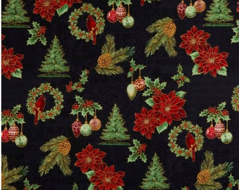 Joyful Traditions Fabric Main Gold Metallic quilt cotton sewing material by the yard and half-yard