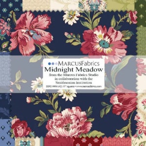 May include: Midnight Meadow fabric collection by Marcus Fabrics in collaboration with the Smithsonian Institution. The fabric features a dark blue background with a floral pattern of pink, white, and green flowers. The fabric is 10 squares, each measuring 10 inches.