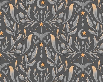 May include: A dark gray fabric featuring a repeating pattern of light gray botanical sprigs, orange stars, crescent moons, and textured bats. The design includes small diamond shapes and berry-like clusters arranged in a symmetrical, vertical layout.