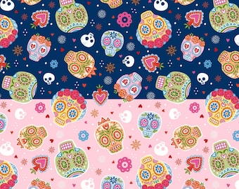 Matériel de couture en coton pour courtepointe Fiesta Fabric, têtes de mort décoratives roses, par mètre et demi-mètre