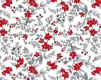 Florals Fabrics, Scarlets Treasure White Red Floral Vine quilt cotton fabric by the yard and half-yard, quilting cottons, sewing material