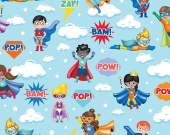 My Hero Fabric Super Heroes Aqua quilt cotton sewing material blue comics, Listed by the Yard & the Half Yard continuous cut, Benartex