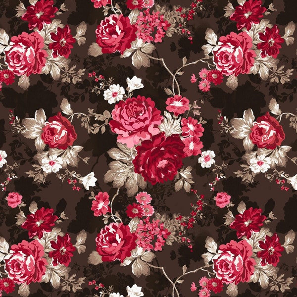 Rory Fabric Cocoa Rouge Garden brown quilt cotton floral sewing material, Listed by Yard & Half Yard continuous cut, Whistler for Windham
