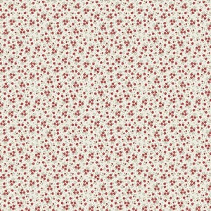May include: A fabric with a repeating pattern of small red flowers and green leaves on a cream background. The floral design is densely packed, creating a textured appearance. This fabric is suitable for various sewing projects.
