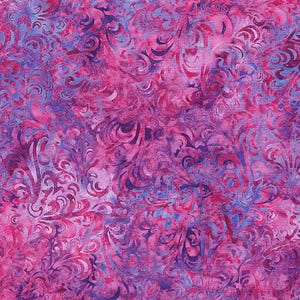 May include: A fabric featuring a vibrant batik pattern with swirling, organic shapes in shades of magenta, fuchsia, and deep violet. The design displays a continuous, interconnected motif of flowing curves and loops across the entire surface.
