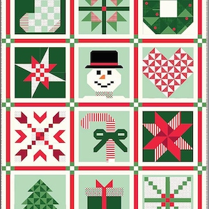 May include: A patchwork quilt featuring Christmas-themed blocks. Designs include a stocking, snowflakes, a wreath, a star, a snowman, a heart, a candy cane, a Christmas tree, and a wrapped gift. The color palette is red, green, and white.