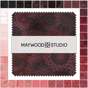 May include: A fabric charm pack featuring a collection of square swatches in shades of black, deep red, and soft pink. The fabric pieces display various intricate mandala and floral patterns. A central white band displays the text MAYWOOD STUDIO.