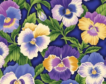 Flower Festival Fabric Cobalt Pansies blue floral quilt cotton sewing material, Listed by the Half Yard continuous cut, Benartex