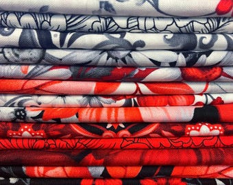 Floral Fat Quarter Bundle, Scarlets Treasure fabric quilting cotton precut fabrics, Henry Glass sewing materials, 20 pieces, red black white