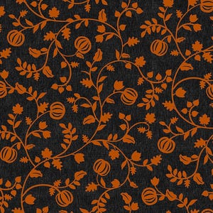 May include: A dark charcoal gray fabric featuring a repeating pattern of vibrant orange pumpkins, winding vines, and scattered autumn leaves. The design displays a dense, interconnected botanical motif with curved stems and small foliage.