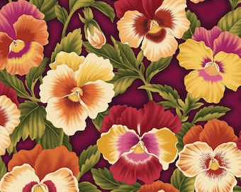 Flower Festival Fabric Burgundy Flame Pansies quilt cotton floral sewing maroon material, Listed by the Half Yard continuous cut, Benartex
