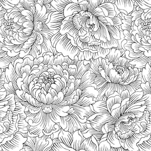 May include: Black and white floral pattern featuring detailed line art of large, open peony blooms. The design has a high contrast, with the dark lines defining the petals and leaves against a white background. The pattern is dense and intricate.