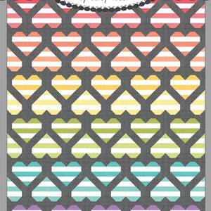 May include: A quilt pattern called "Heart Threads" from the Coriander Quilts collection by Corey Yoder. The pattern features a repeating heart design with a striped pattern in shades of pink, orange, yellow, green, blue, purple, and white.