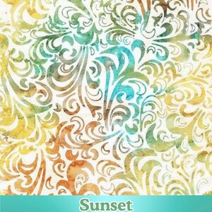 May include: A fabric featuring a white background with a repeating swirl and leaf pattern in watercolor shades of orange, yellow, teal, and green. The text on the image reads: Sunset, Twirl & Swirl Batik Fabrics, Elementals Gentler Hues, Riley Blake Designs.