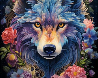 Celeste Wolf Fabric Panel quilting cotton sewing material, 36" x 44"